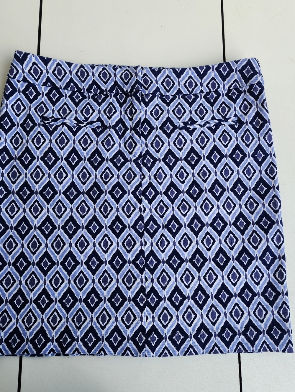 Kenar Womens Skirt Blue White Ikat Pattern Stretch Cotton Blend Pencil Mini sz 8